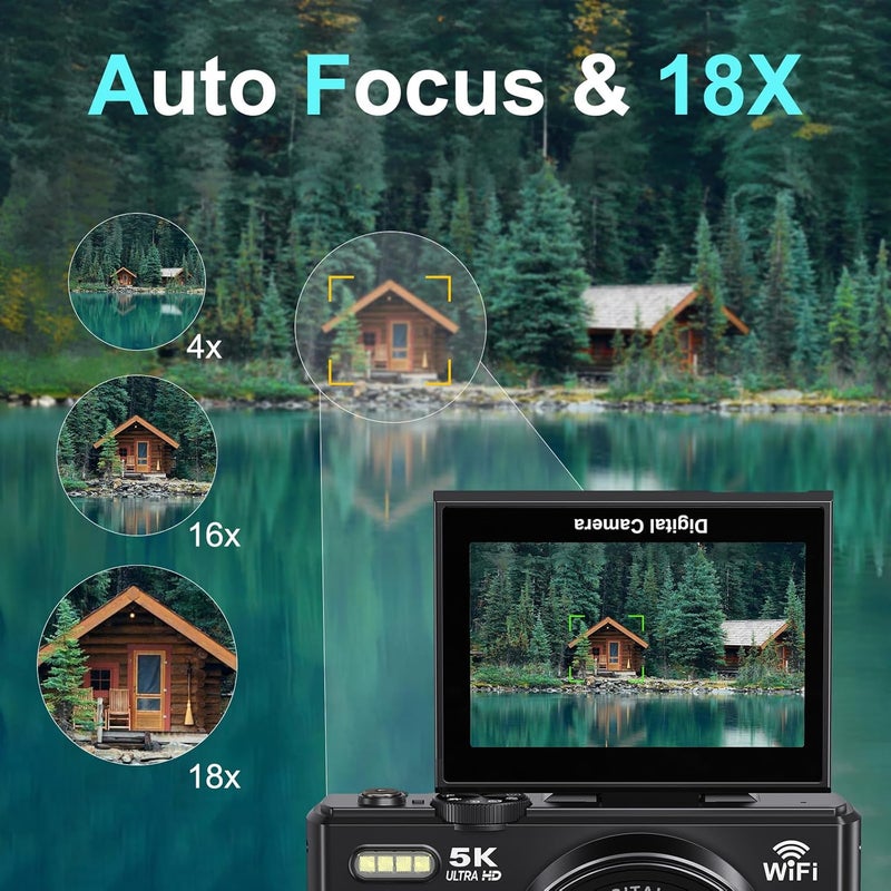 Demofit 5K Digital Camera for Photography - 75MP WiFi Vlogging Camera for YouTube - UHD 18X Zoom Digital Cameras with Flip Screen 3" 180° - Travel Flash Camara for Beginners & Adults - Image 4
